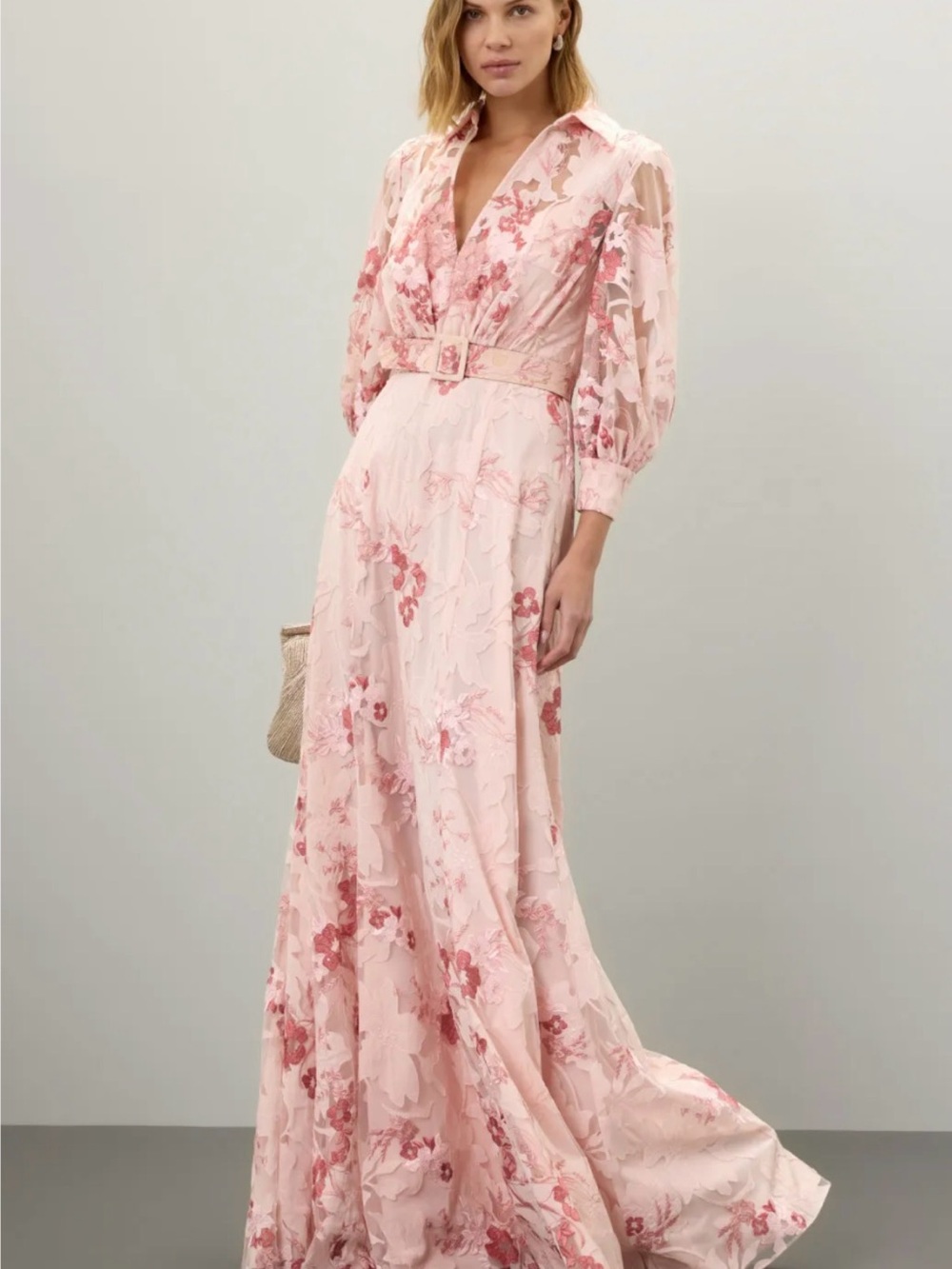 Badgley Mischka Pink Floral Sheer-Sleeve Maxi Dress